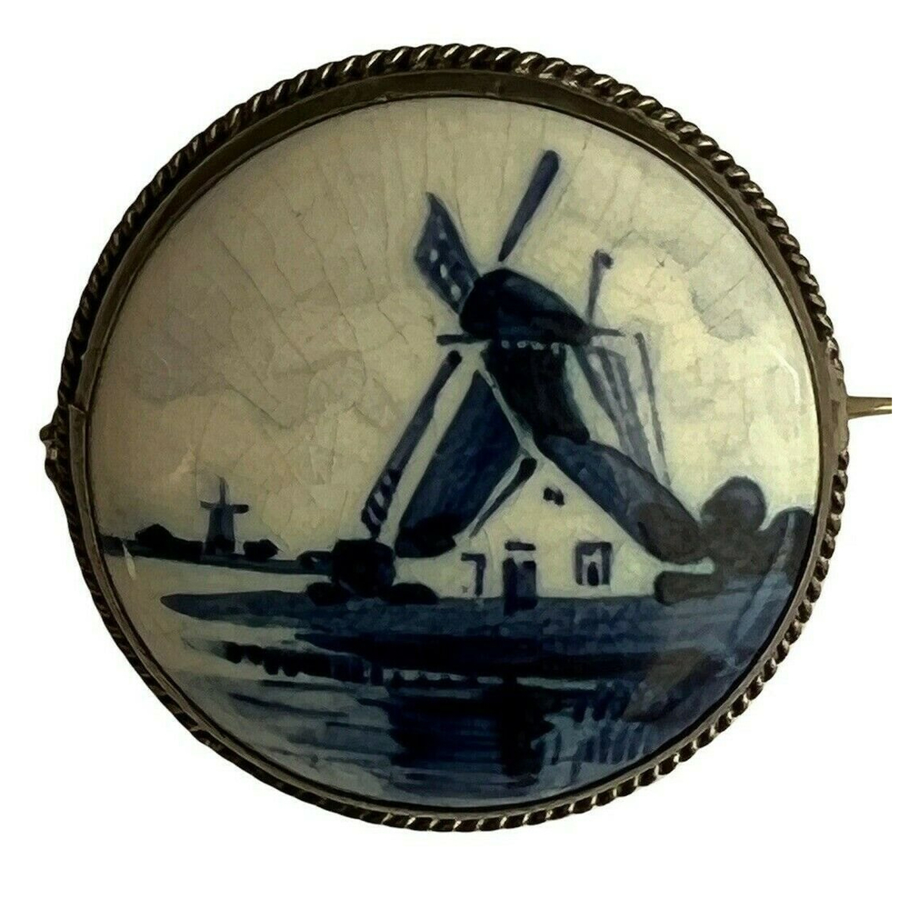 Vintage Sterling Silver Porcelain Delft Holland Windmill Brooch Pin